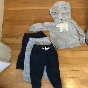 Carter’s fleece sweatshirt and 3 pants